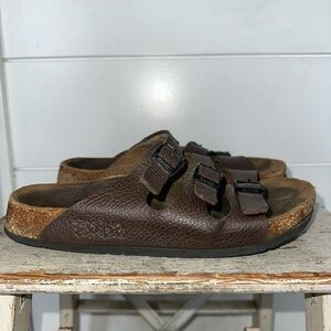 Birkenstock Birkis Florida Three Strap Pebble Brown Leather Sandals Size 10
